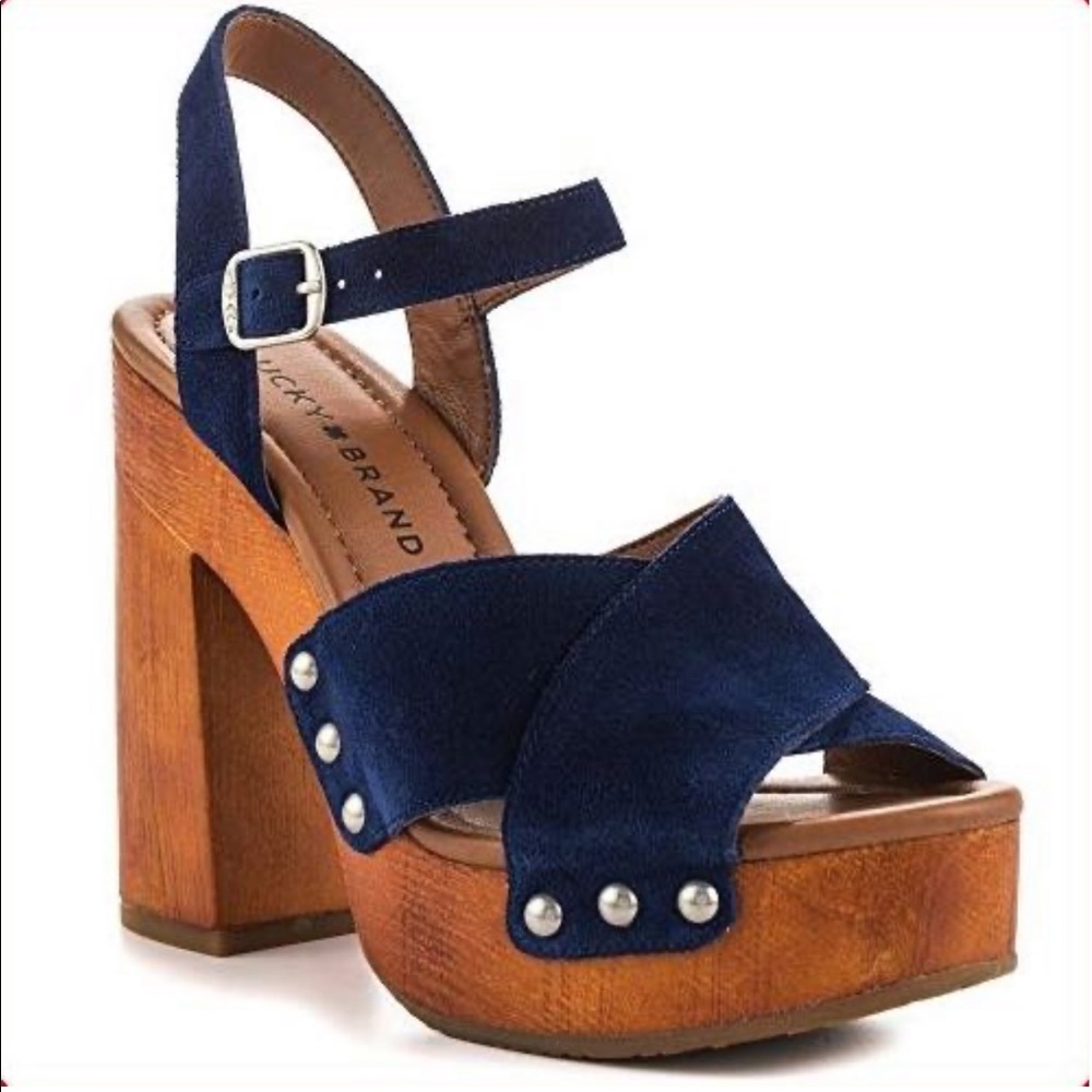 Navy Blue Suede Open Toe Platform Heel Sandal - Picture 3 of 4